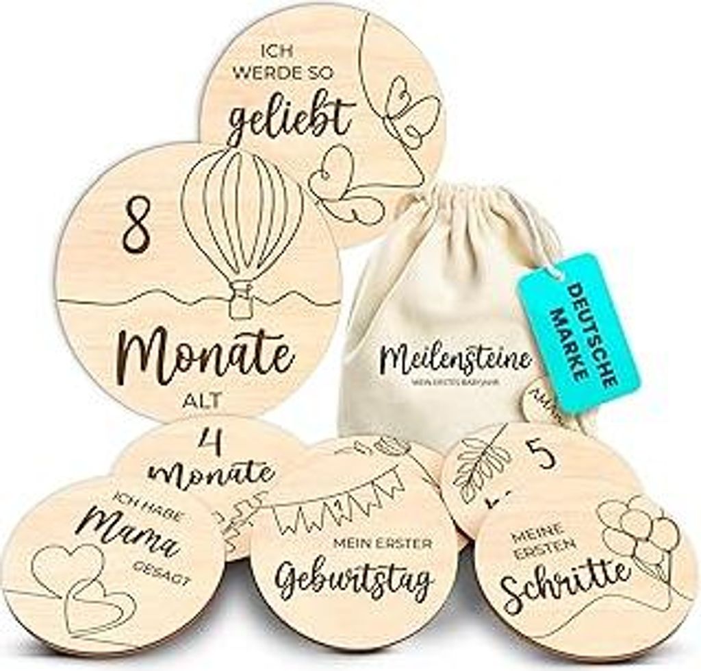 AMARI Meilensteinkarten Baby aus Holz (42 Stück) - Baby Geschenk zur Geburt - Babyparty Deko, Babygeschenk Junge Mädchen, Babygeschenke, Geschenk...