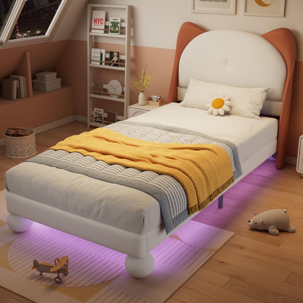 Sweiko Polsterbett, Einzelbett, Kinderbett, Katzenohren-Kopfteil, Farblich anpassbare LED-Lichtleiste unter dem Bett, Stabile Lattenroste, PU, Beig...
