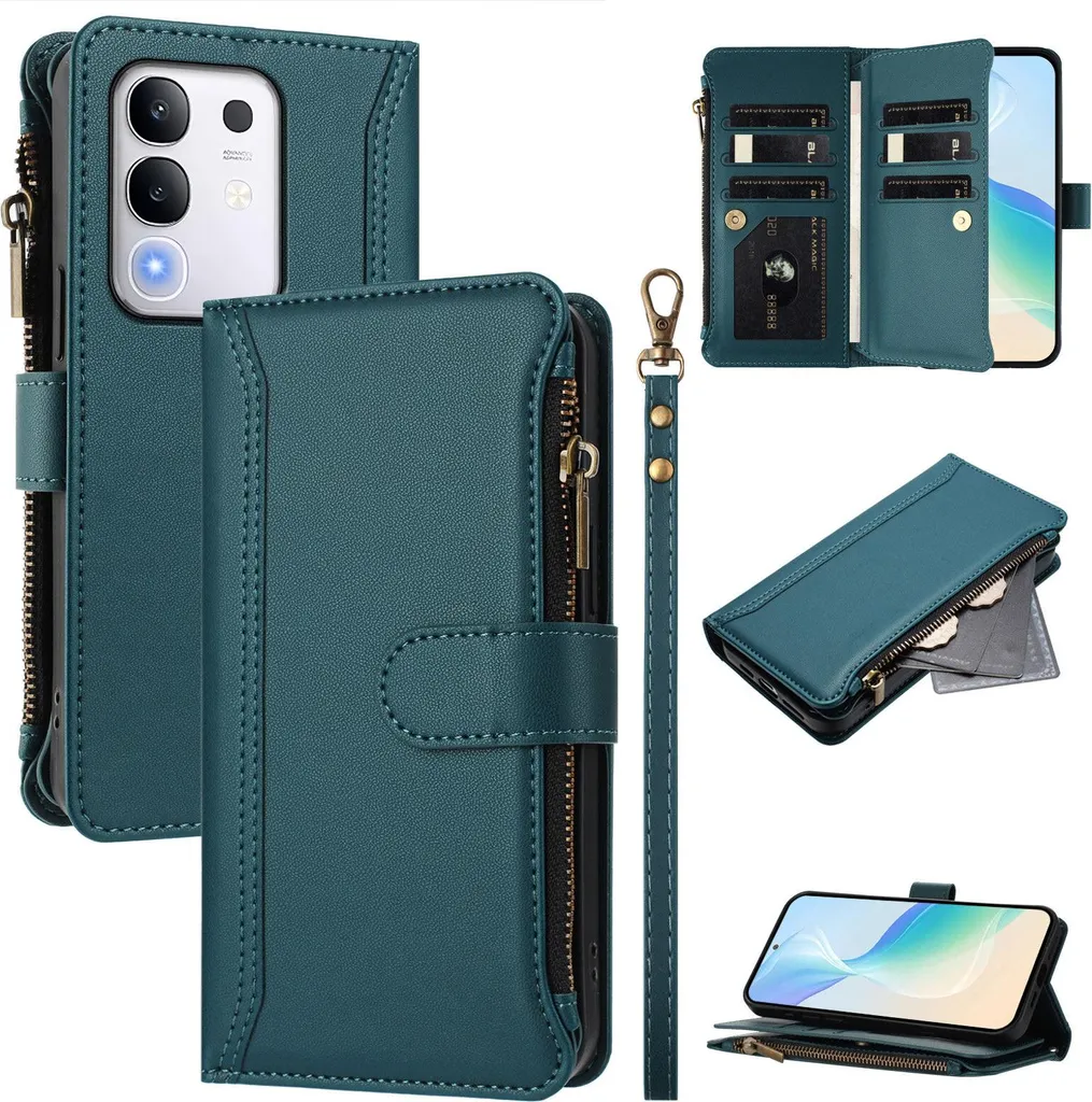Custodia per Vivo Y29 4G, con cerniera, portafoglio Custodia flip in Finto cuoio con tasche per carte, supporto e passante per la mano verde