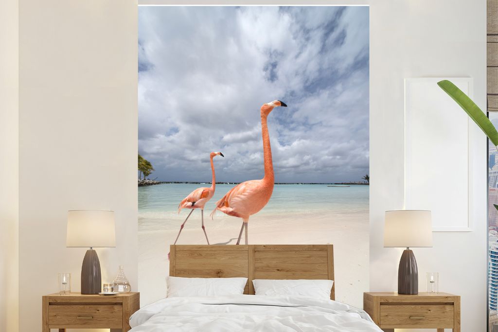 MuchoWow Fototapete für Wohnzimmer oder Schlafzimmer Wandtapete Vinyl Motivtapete Zwei Flamingos auf einer Insel in Aruba - 145x220 cm - Wanddek...