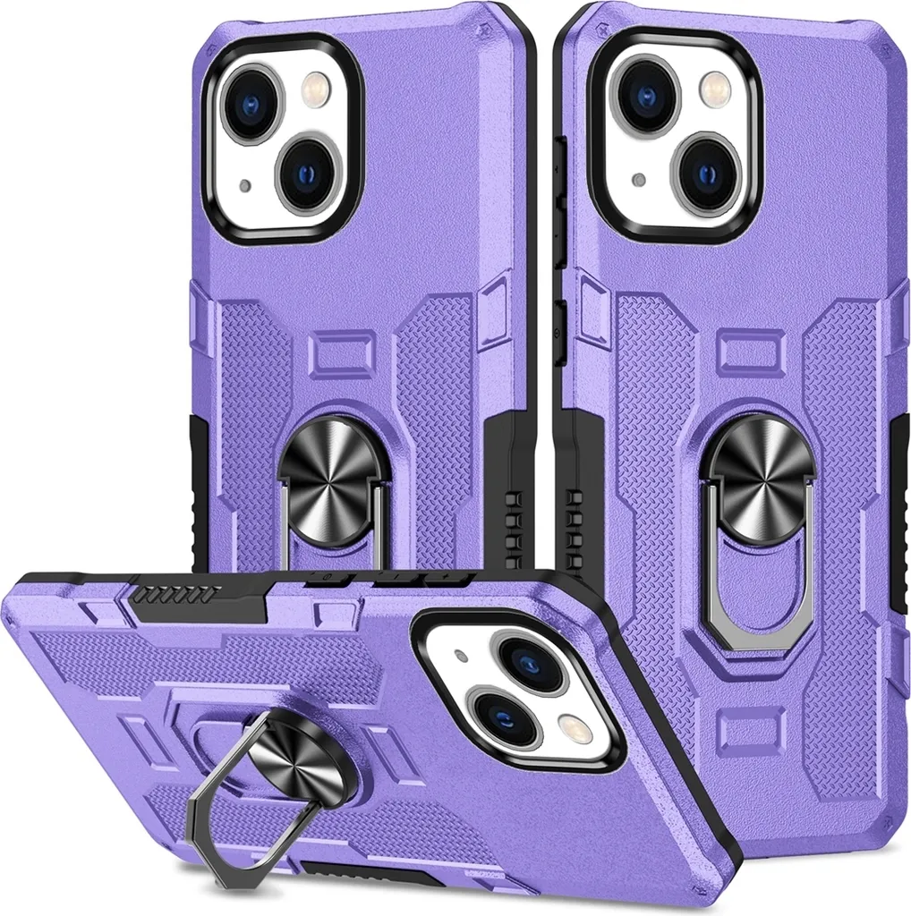 Cover iPhone 13 Rugged Viola: Supporto Anello e Doppio Strato PC+TPU