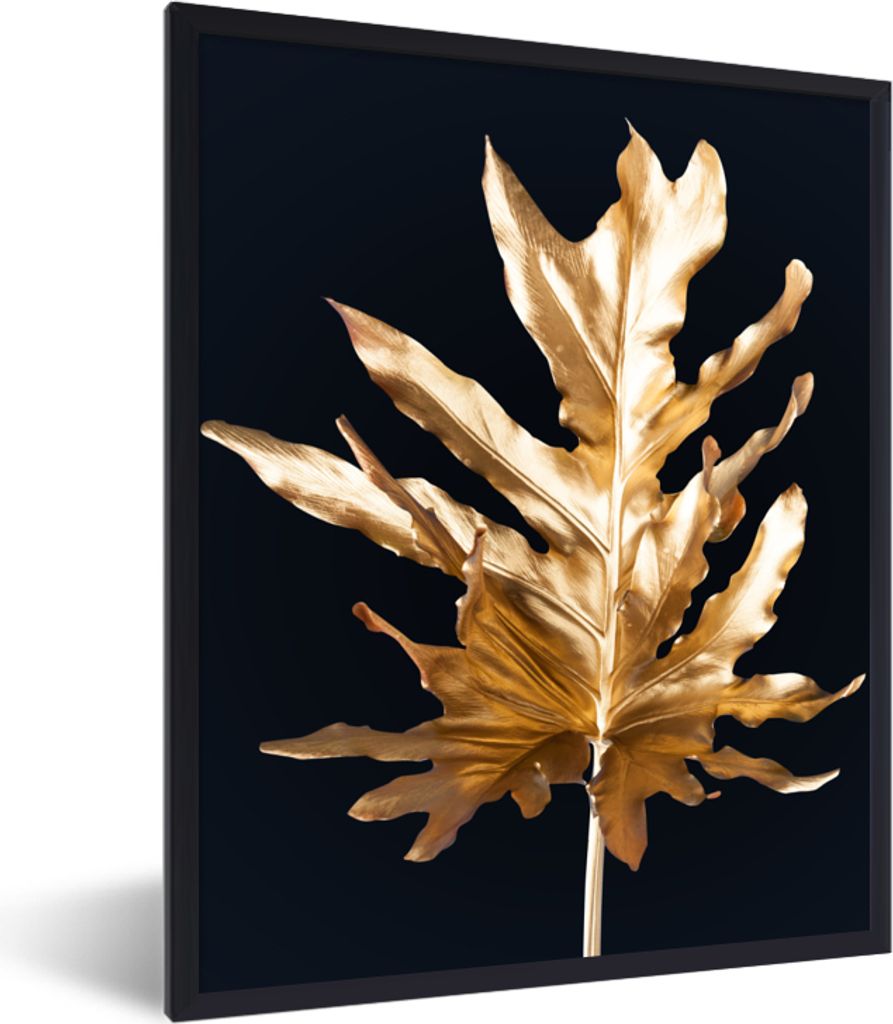 MuchoWow Gerahmtes Poster Blätter - Gold - Herbst - Natur - Luxus 60x80 cm - Poster mit Schwarzem Bilderrahmen Wandposter Rahmen Foto Bilder - P...