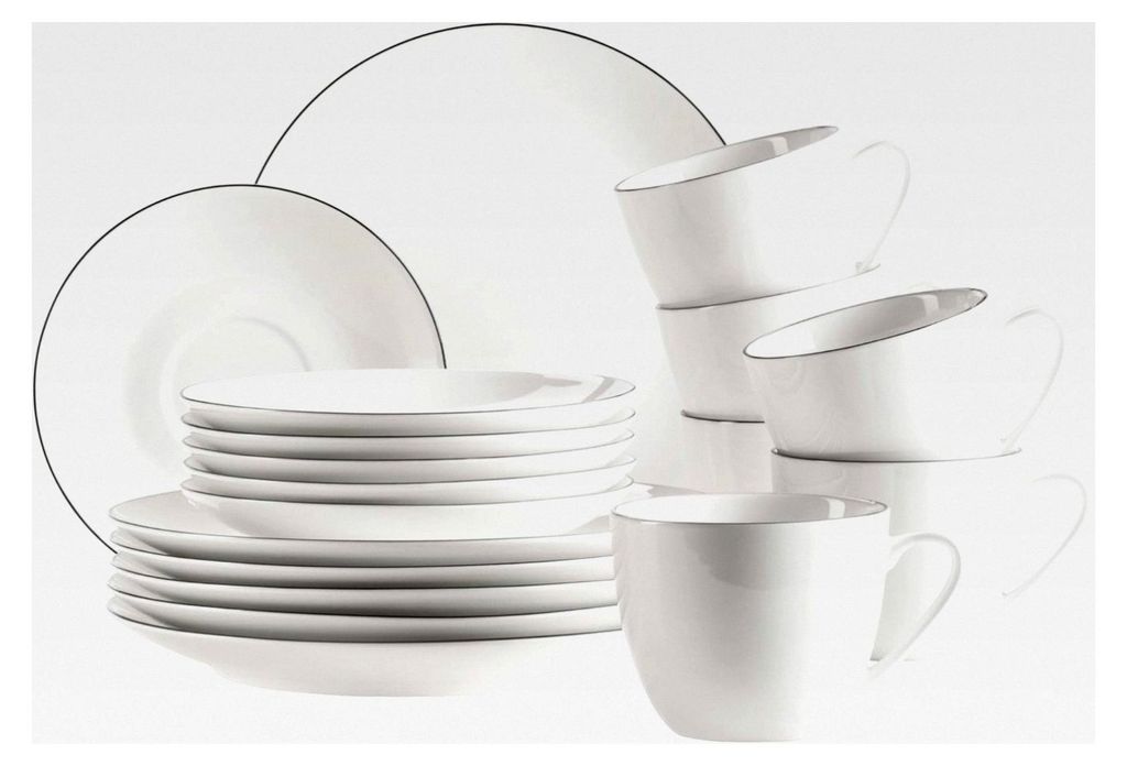 Felise Serie, elegantes Kaffeegeschirr für 6 Personen, zeitlos, mit schwarzem Rand, Porzellan, weiß