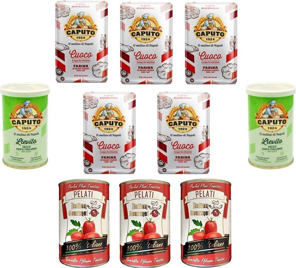 Testpaket Caputo Cuoco Farina Pizzamehl Mehl 5x 1Kg + Italian Gourmet 100% italienische geschälte Tomaten dosen 3x 400g + 2x Caputo Trockenhefe 100g