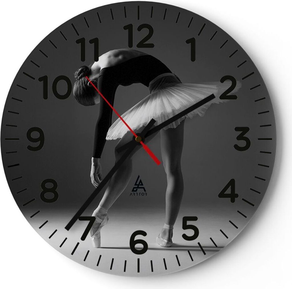 Wanduhr - Rund - Glasuhr - Ballerina Figur Schwarz und Weiß - 40x40cm - Schleichendes Uhrwerk - Lautlos - zum Aufhängen bereit - Dekoration Moder...