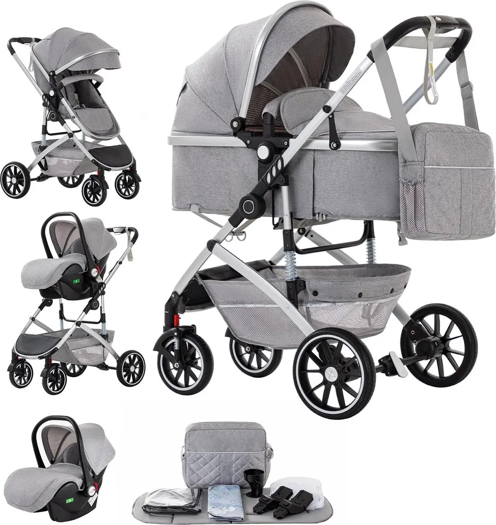 Véhicule bébé 3 en 1 polyvalent avec châssis pliable gris clair
