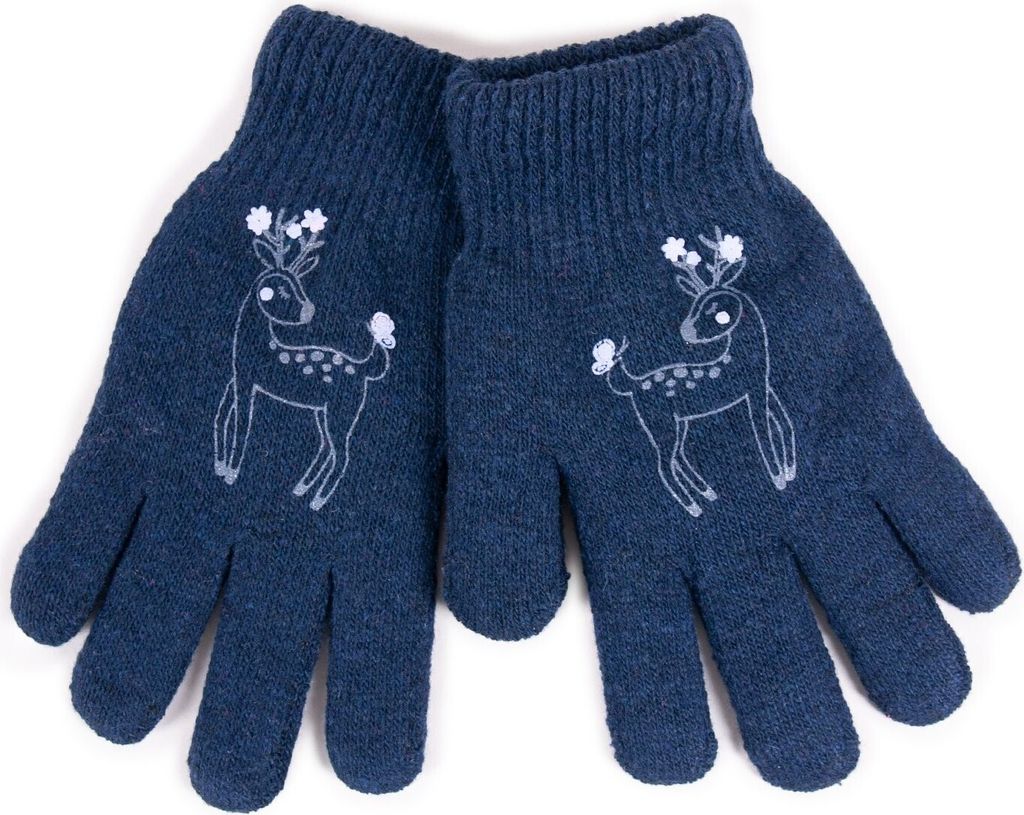 Zweilagige Handschuhe mit fünf Fingern für Mädchen in Marineblau mit Hirschhorn 18 YOCLUB