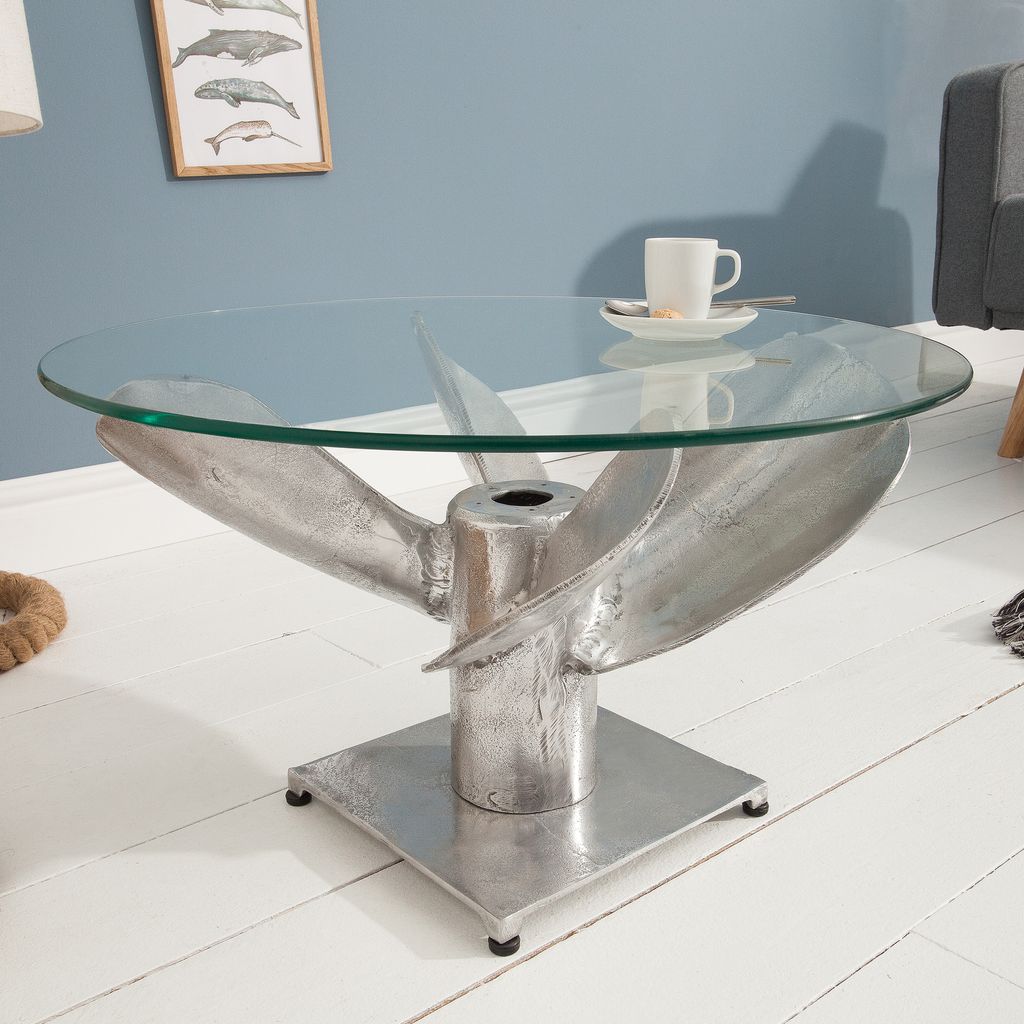 riess-ambiente Maritimer Couchtisch OCEAN M 60cm silber antik rund Schiffsschraube Glasplatte Beistelltisch Tisch