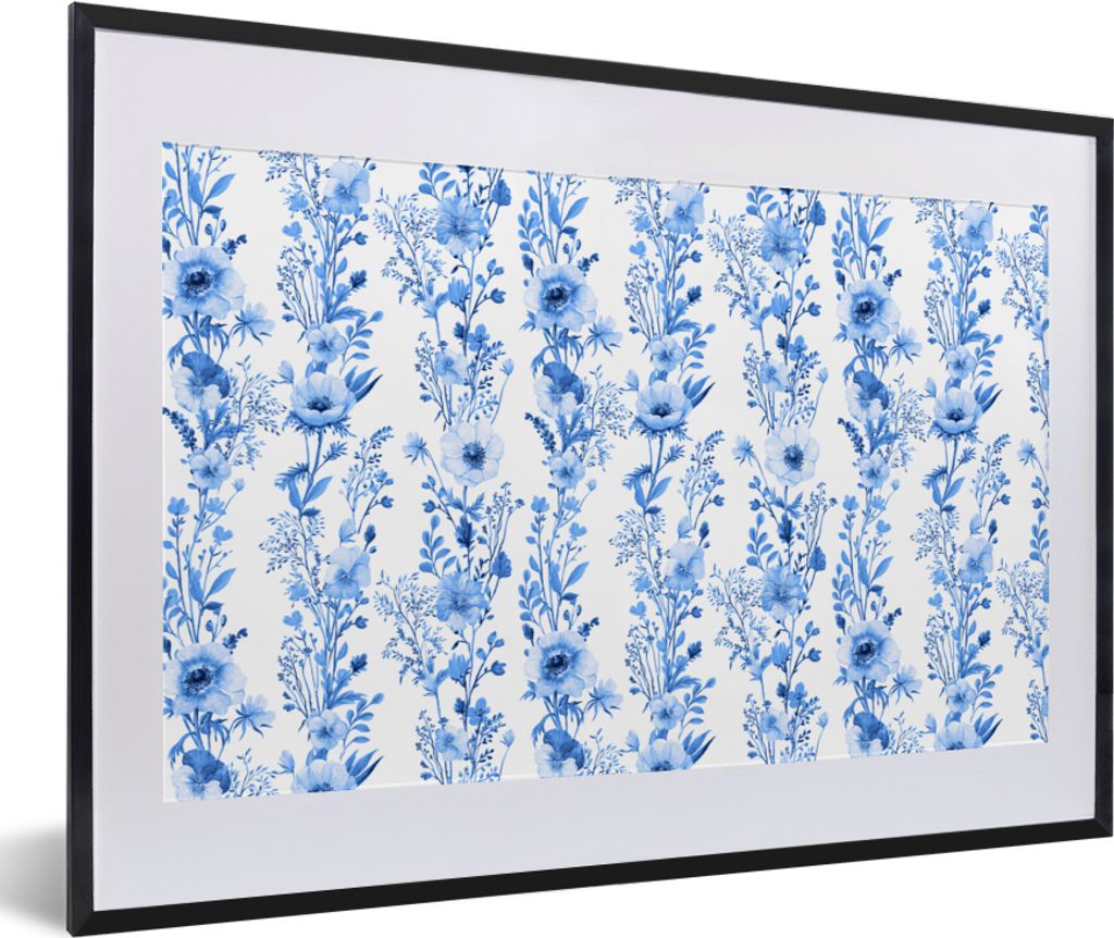 MuchoWow Gerahmtes Poster Blumen - Anemone - Blau - Muster 60x40 cm - Poster mit Schwarzem Bilderrahmen Wandposter Rahmen Foto Bilder - Schlafzim...