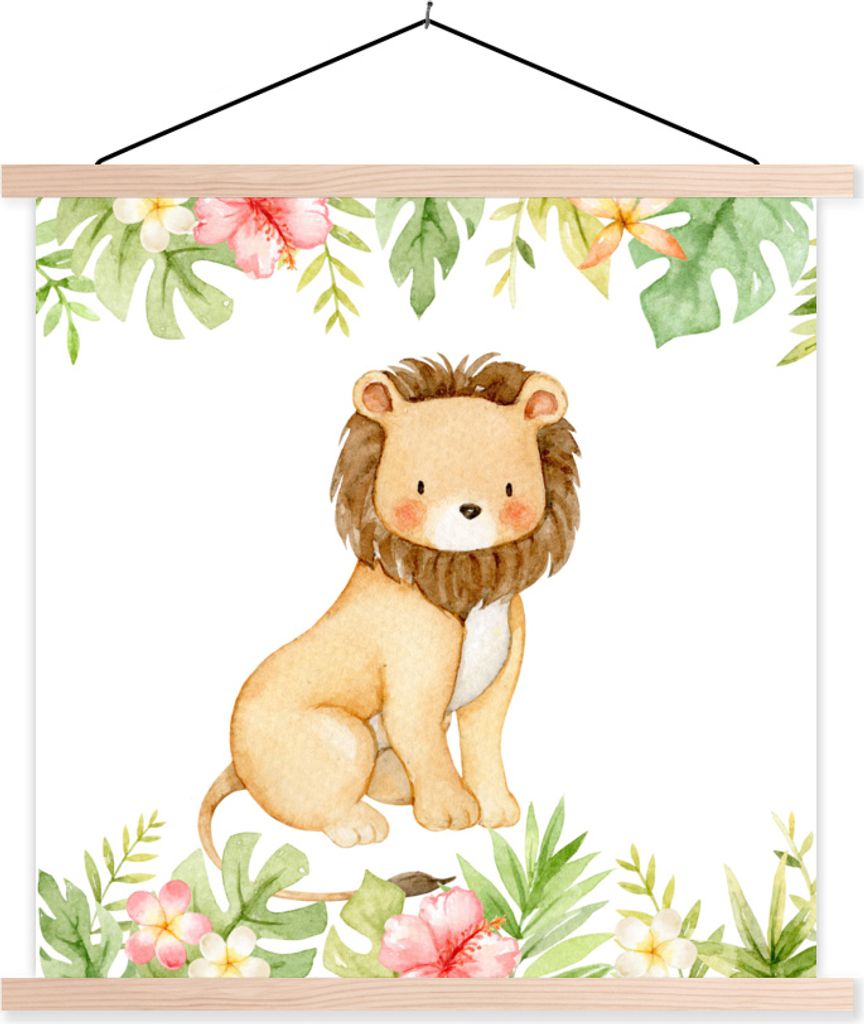 MuchoWow Textilposter Löwe - Safari - Dschungel 60x60 cm mit holzfarbenen Rahmen - Wanddekoration