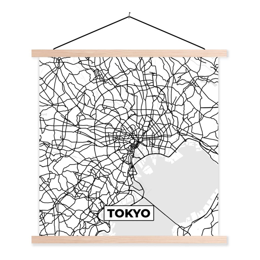MuchoWow Textilposter Karte - Tokio - Stadtplan - Schwarz und weiß - Karte 60x60 cm mit holzfarbenen Rahmen - Wanddekoration