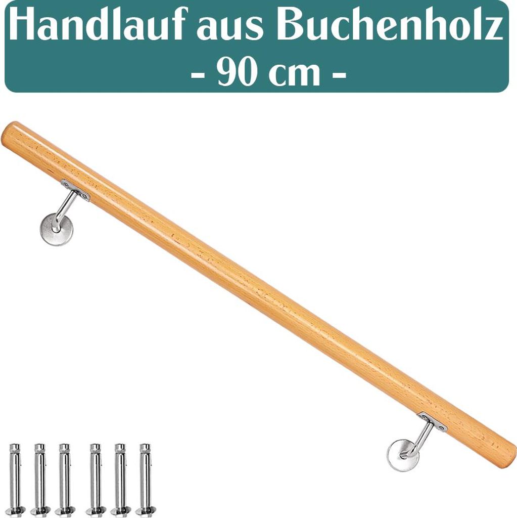 Buche Holz Handlauf Treppengeländer Geländer für Treppe Wandhandlauf Wand seitliche Montage Auswahl Länge 50 - 500 cm, Länge:90 cm