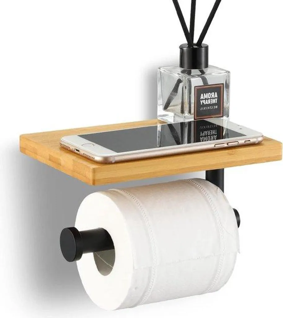 Support papier WC noir mural avec tablette de pose pour smartphone