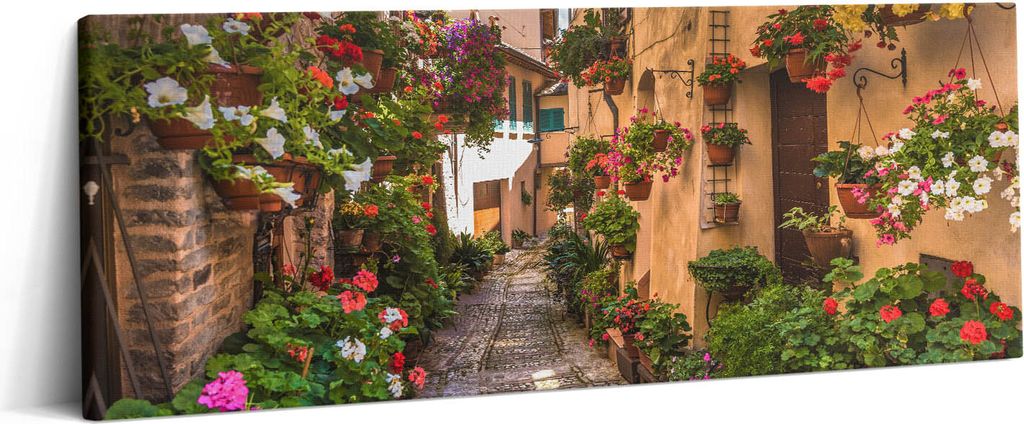 Blumenstraße in der Stadt Umbrien – Leinwandbild Wandbild – 125x50 cm – Leinwandbilder – Wandbilder – Schlafzimmer – Flur