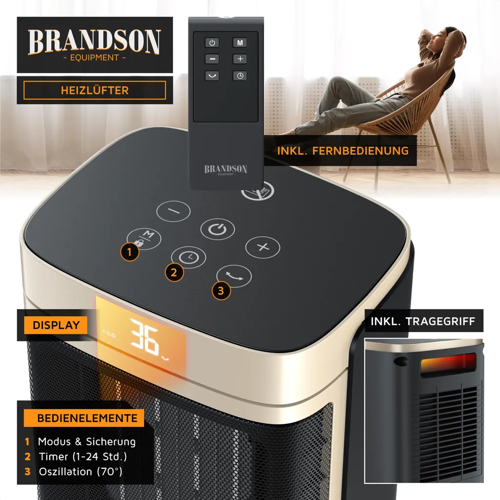 Chauffage Céramique Oscillant Brandson avec Télécommande et Thermostat