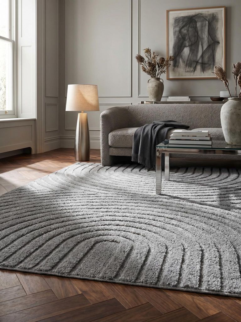 3D-Teppich Organische Bögen mit 3D-Effekt Pflegeleicht Waschbar Strapazierfähig | Silber 120x170 Fußbodenheizung | RIGI – Kadima Design