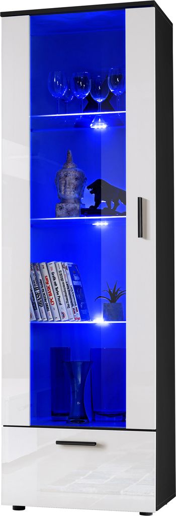 Komodee, Vitrine Schrank Alessandria, Schwarz/Weiß, Breite 60cm x Höhe 192cm x Tiefe 42cm, 3 Glasböden, 1 Regal aus laminierter Platte, für Woh...