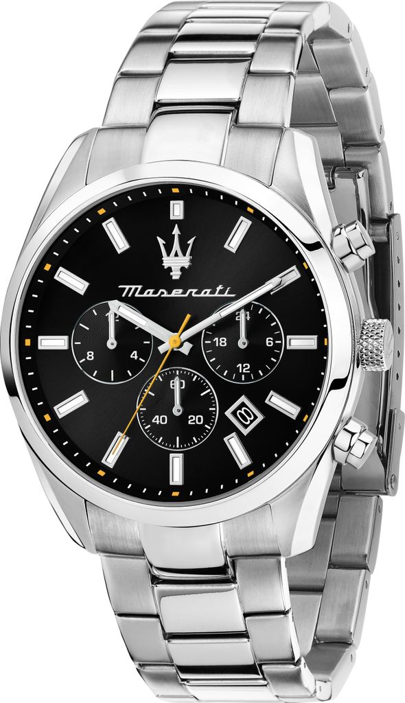 A close-up studio shot of a men's Maserati watch with a black dial and silver metal band.