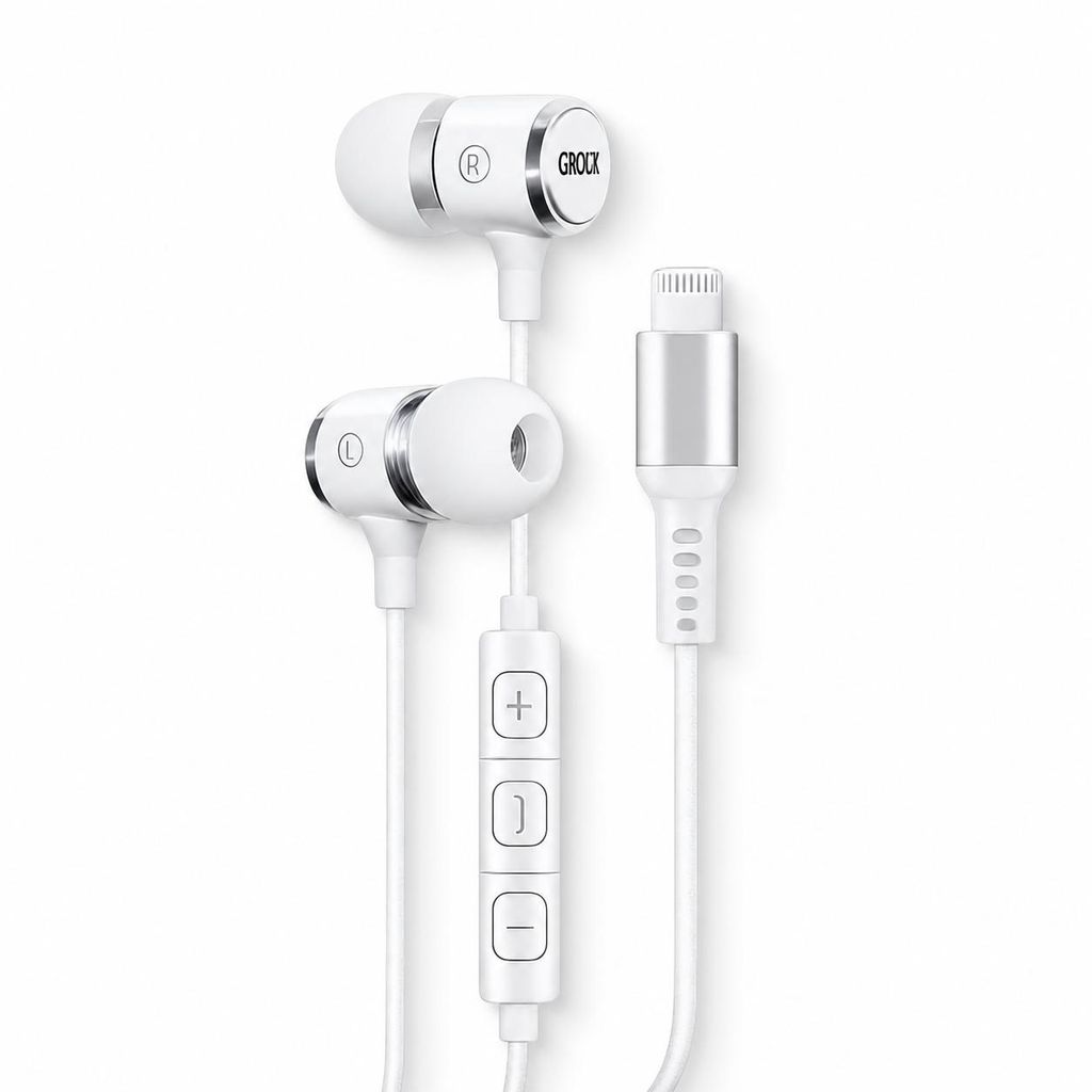 Grixx in-earkoptelefoon bedraad Lightning MFi met microfoon Productafbeelding  AI-gegenereerde afbeelding