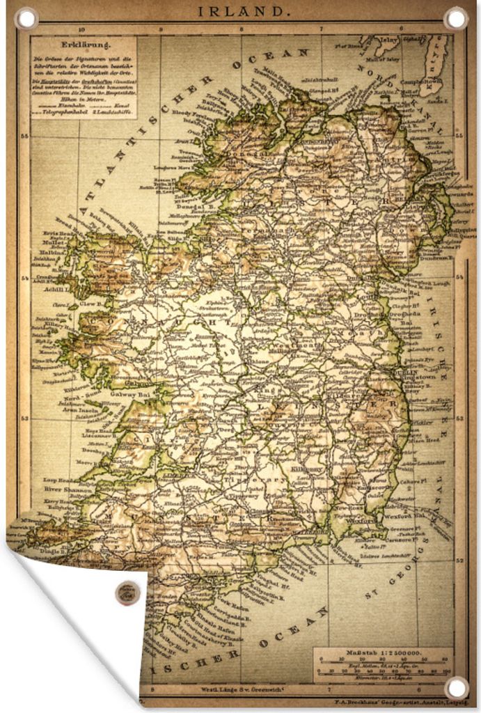 MuchoWow 60x90 cm Outdoor-Poster Gartendeko Sichtschutz Garten Poster für den Garten Antike Landkarte von Irland