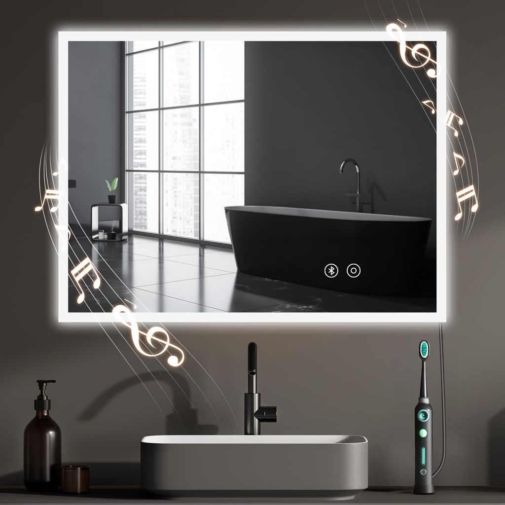 YOLEO Badspiegel mit Beleuchtung, Bluetooth-Lautsprecher, Wandspiegel mit Steckdose und explosionssicherem Glas, 3 einstellbare Lichtfarben