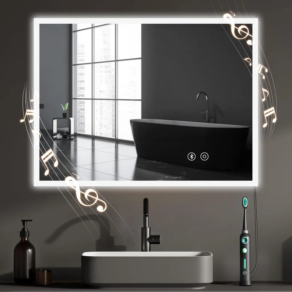 Miroir Mural Lumineux à LED avec Haut-Parleur Bluetooth et Verre Trempé