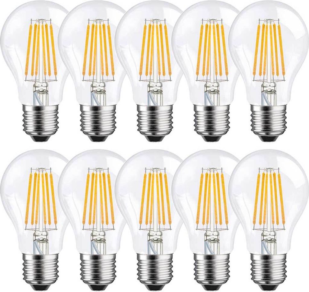 10 x LED Filament Leuchtmittel Birne A60 8W = 75W E27 klar 1055lm Tageslicht 6500K kaltweiß