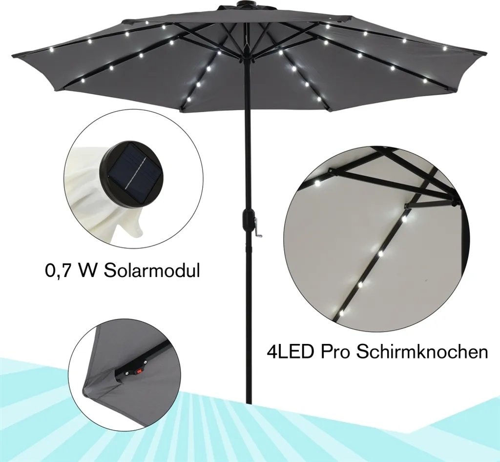 Parasol Gris Ø3m avec Lumières LED Intégrées Pivotant à 360° Manivelle - 8