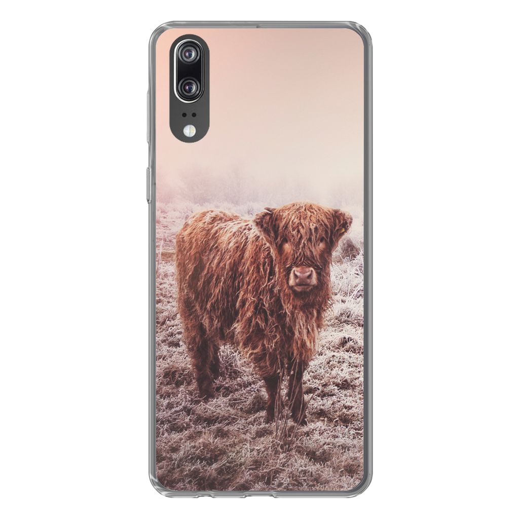 MuchoWow Handyhülle Schutzhülle Hülle für Huawei P20 Schottische Highlander - Schnee - Sonne Silikon Softcase Handy Hülle - Hardcover