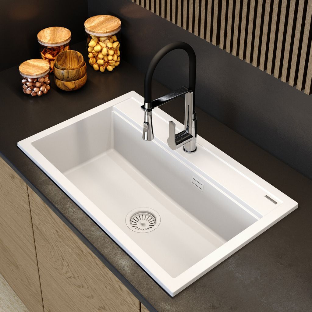 Granitspüle Schwarz Küchenspüle Einbauspüle Spülbecken Mit Sifon Abtropffläche E - Foto 8