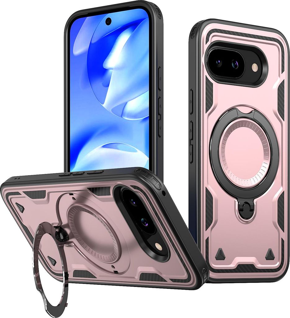 Dual Layer Hülle für Google Pixel 9A Metall Ring Ständer Magnetisch Stoßfest Militär Handyhülle Roségold