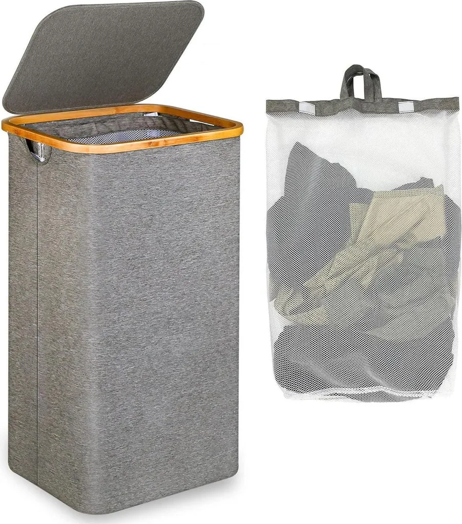 Cesto Portabiancheria Efluky 100L: XXL Grigio con Manici in Bambù