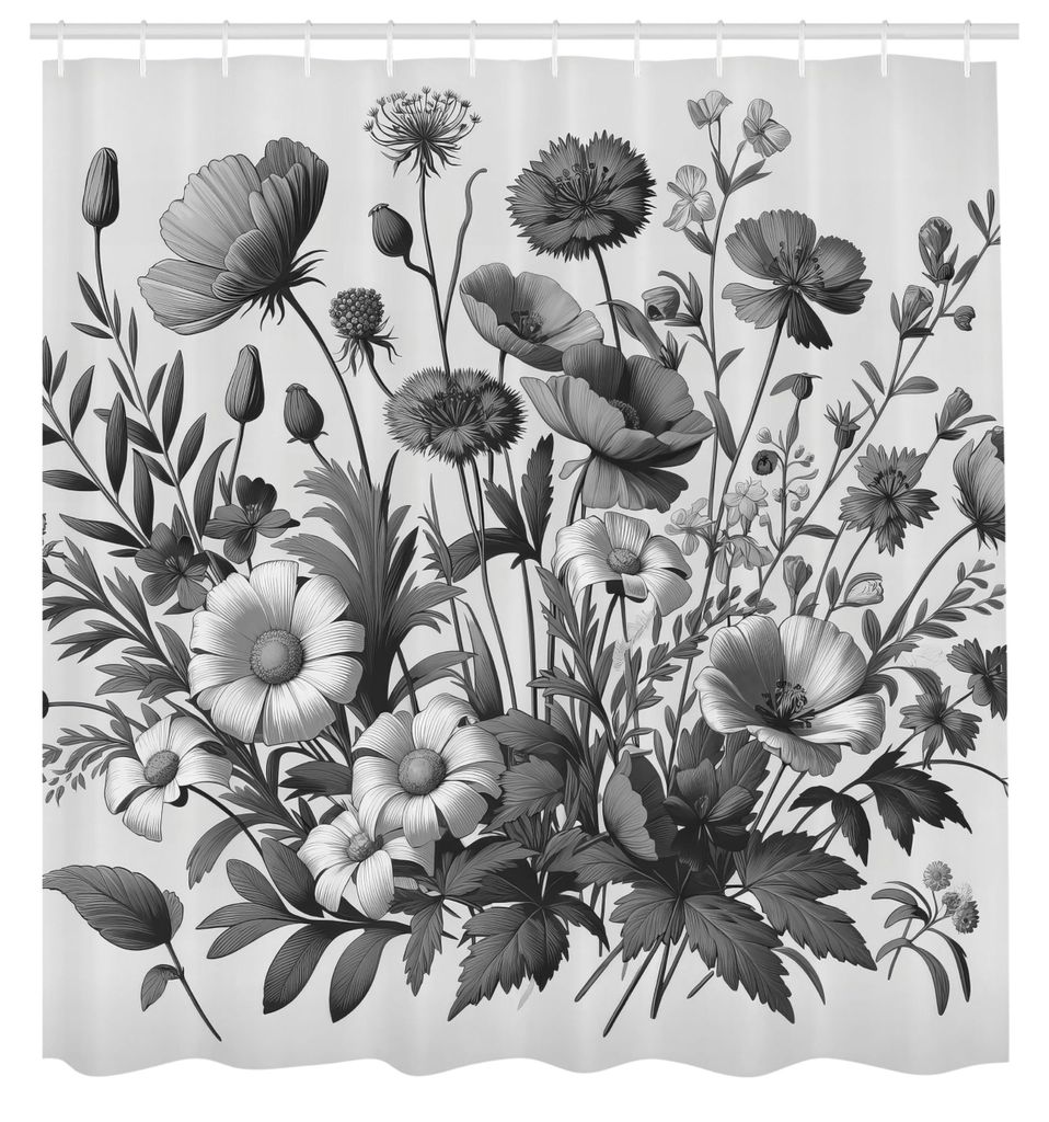 Grauer Duschvorhang mit botanischem Bauernhofmotiv, gedeckten Farben, gezeichneten Wildblumen und grauen Blättern, Stoff mit Haken, 175 x 200 cm, ...