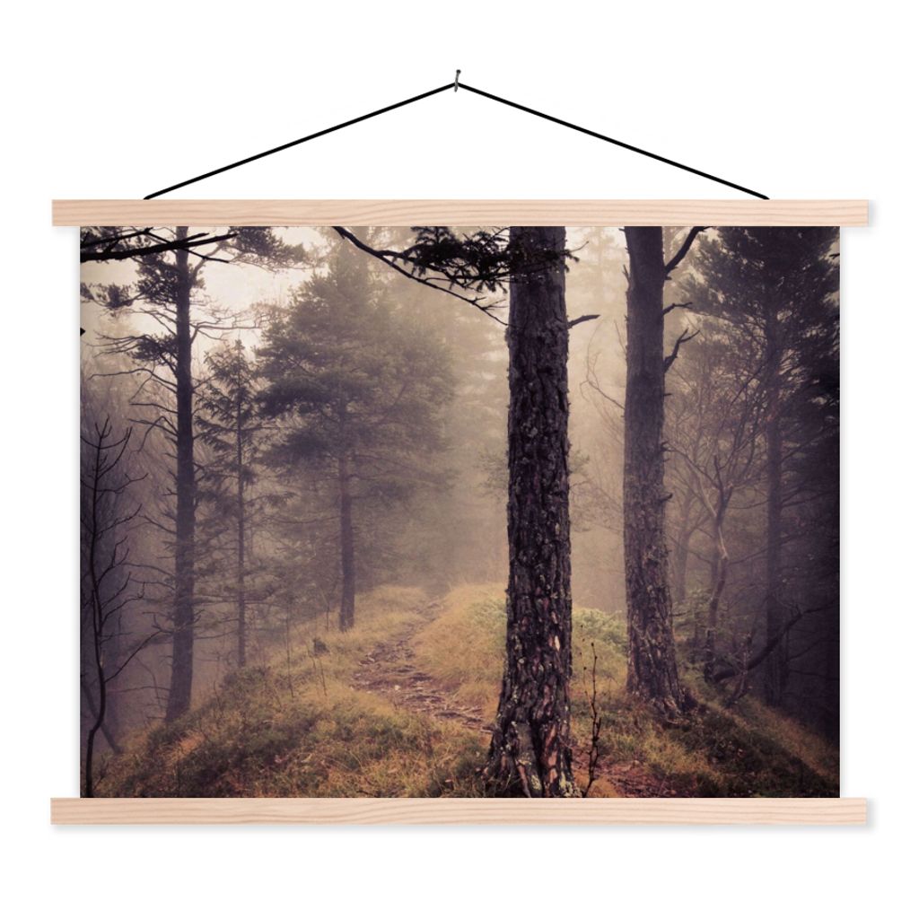 MuchoWow Textilposter Nebel - Herbstdekoration - Natur - Wald 60x45 cm mit holzfarbenen Rahmen - Bild