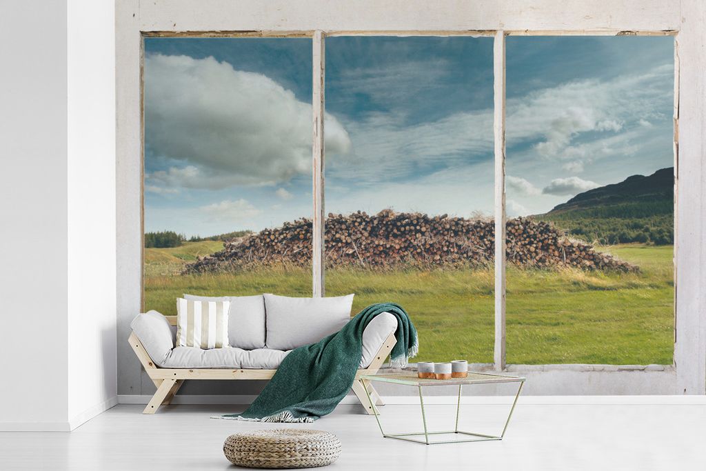 MuchoWow Fototapete für Wohnzimmer oder Schlafzimmer Wandtapete Vinyl Motivtapete Durchblick - Baumstämme - Wolken - 450x300 cm - Gemusterte