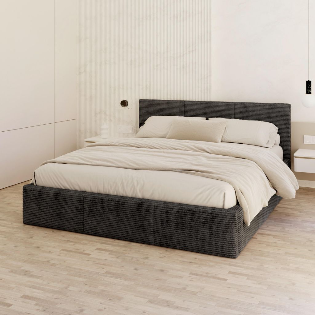 FDM Bett Fresia Cord 120x200 cm Polsterbett mit Lattenrost aus Metall Bettkasten Stauraumbett Samt schwarz