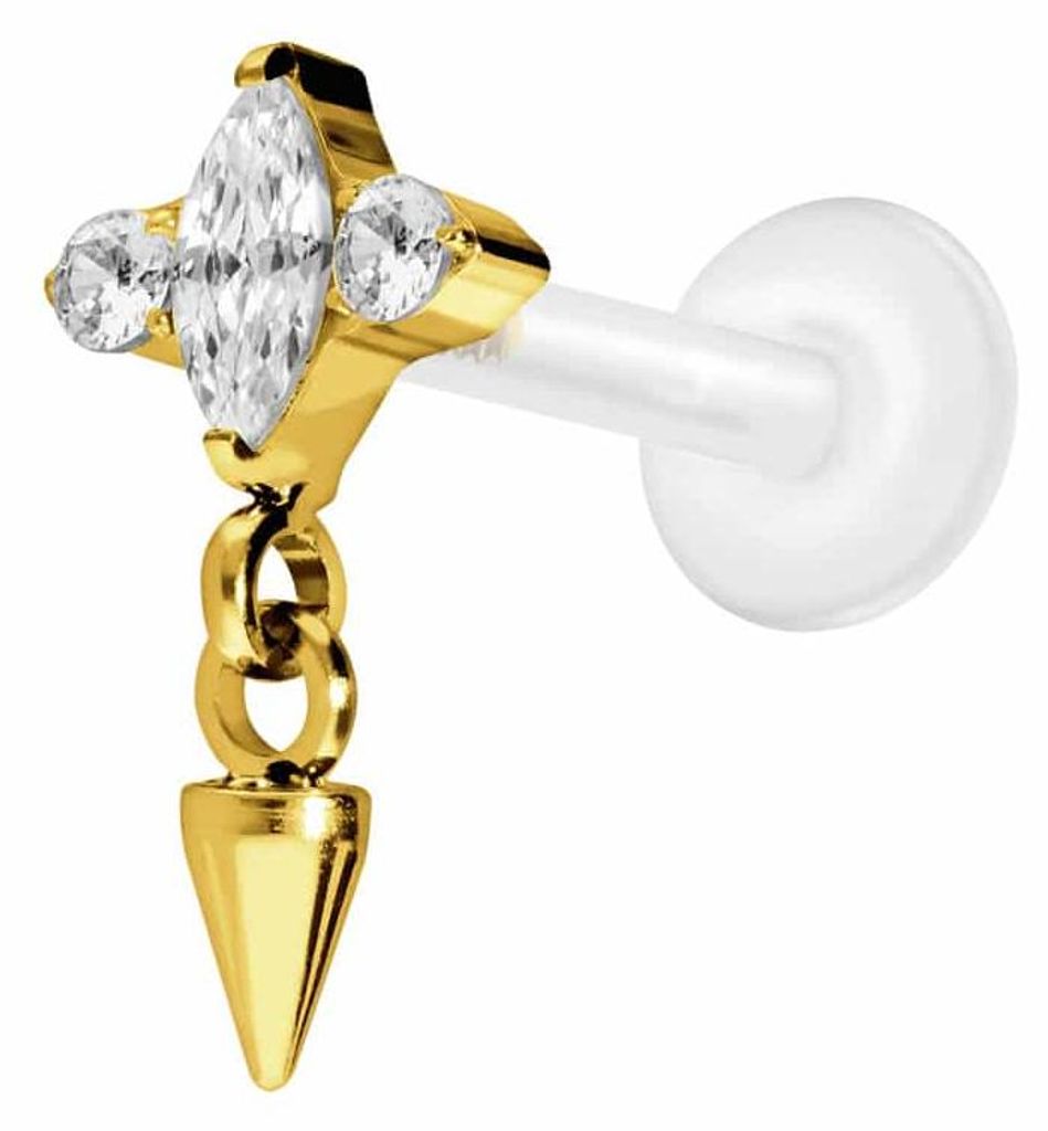 Ohrpiercing, Nasenpiercing PTFE Labret mit Innengewinde + Titan-Aufsatz EINGEFASSTE KRISTALLE + SPITZE Gold Stablänge: 10mm | Stabstärke: 1,2mm