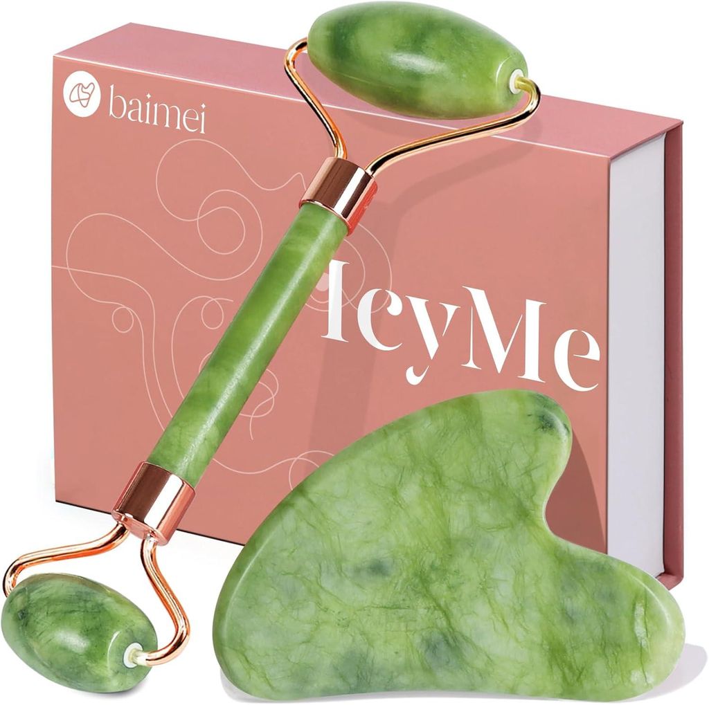 Baimei Jade Gua Sha Face Roller Werkzeugset, Halsmassagegerät, Hautpflege, beruhigt entspannt Haut, Hautpflege Geschenk Valentinstag