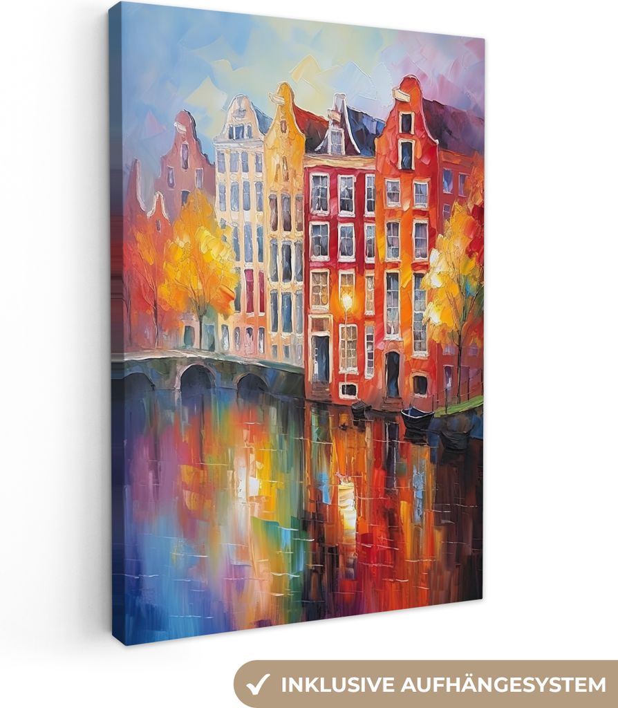 MuchoWow - Leinwandbilder - Grachtenhäuser - Kunst - Malerei - Amsterdam, Wandbild, Wanddeko Bilder Wohnzimmer, 60x90 cm