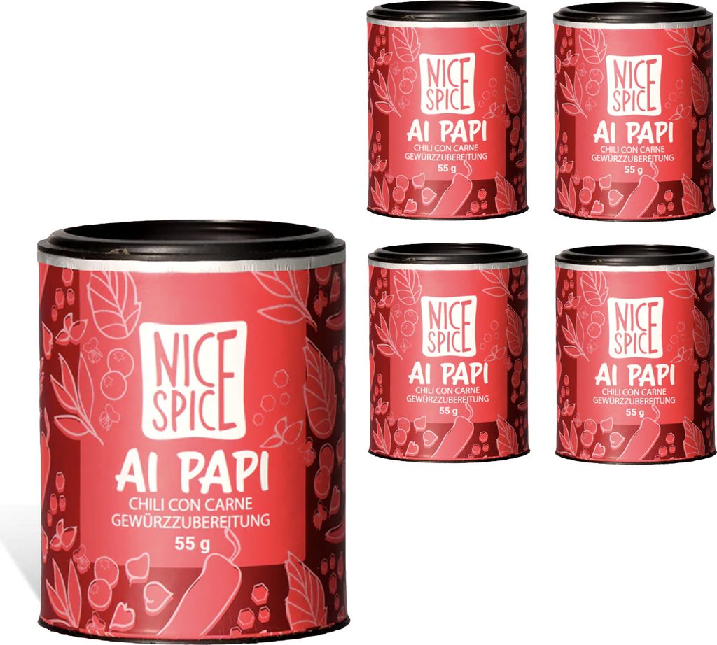 NICE SPICE Chili con Carne Gewürz, 5 Dosen (5 x 55g), Würzmischung für mexikanische Gerichte, Tacos, Burritos, Geschenk für Hobbyköche, Gewür...