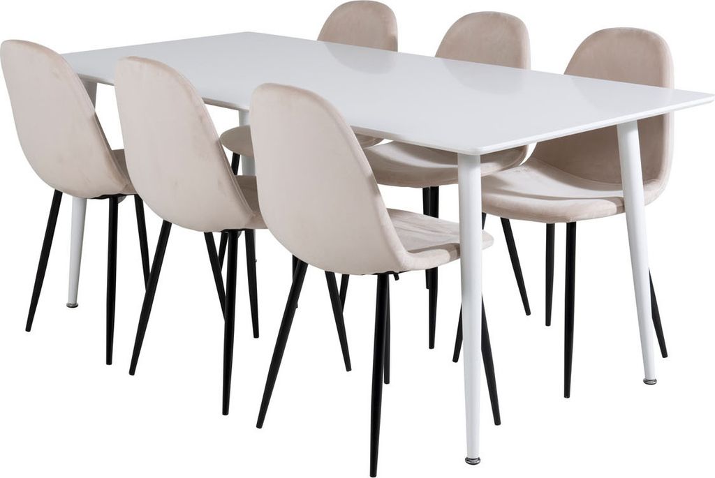 Polar180X90WHWH Essgruppe Esstisch weiß und 6 Polar Esszimmerstühle Velour beige.