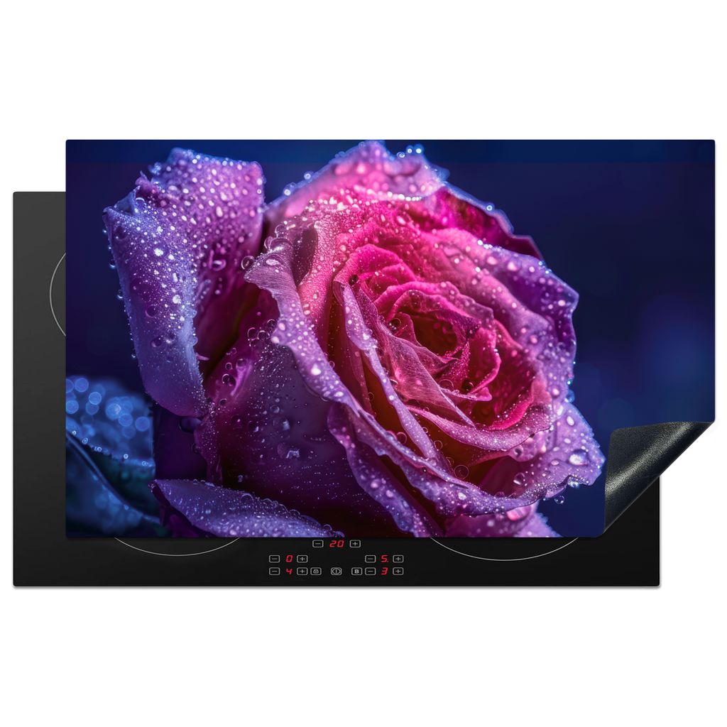 KitchenYeah Herdabdeckplatte Blume - Rose - Regentropfen , 85x52cm, Küche Deko, Glaskeramikkochfeld Herdabdeckung, Abdeckplatte fùr Kochfeld