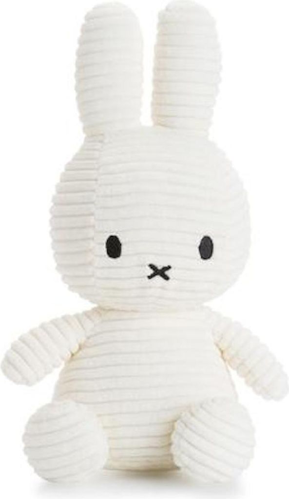 A white corduroy plush toy rabbit, known as Miffy, is shown against a white background.