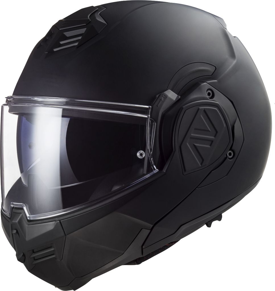 A black motorcycle helmet with a clear visor, shown from a three-quarter angle against a white background.