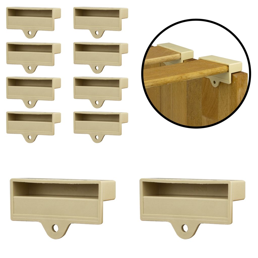 A set of beige plastic bed slat holders, with a close-up inset showing how they attach to wooden bed slats.
