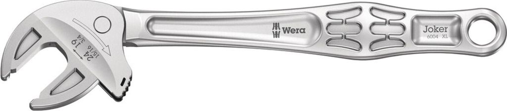 A silver adjustable wrench is shown against a white background.