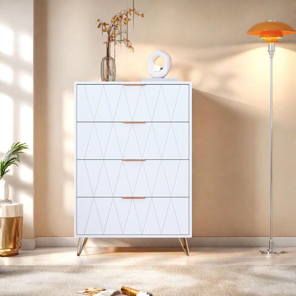 UnboxG Kommode 60x34x90 cm, 4 Schubladen, Weiß mit Rauten-Design, Sideboard, Aufbewahrungsschrank, Schlafzimmer- & Wohnzimmermöbel