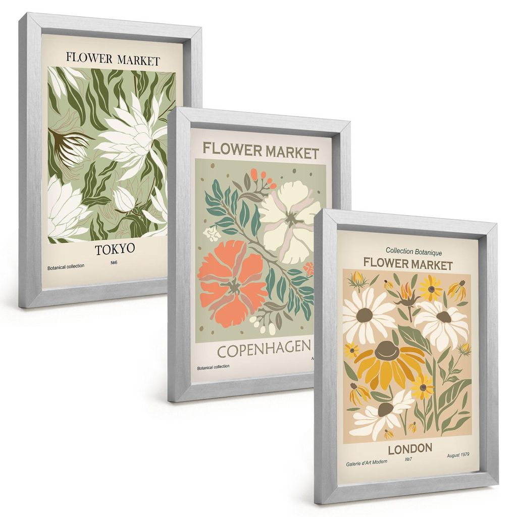 Bilder Set 3-teilig im silbergerahmten Rahmen – Wandbilder 3 Stück – gerahmte Poster für Wohnzimmer, Schlafzimmer und Flur – 20x30 cm – B...