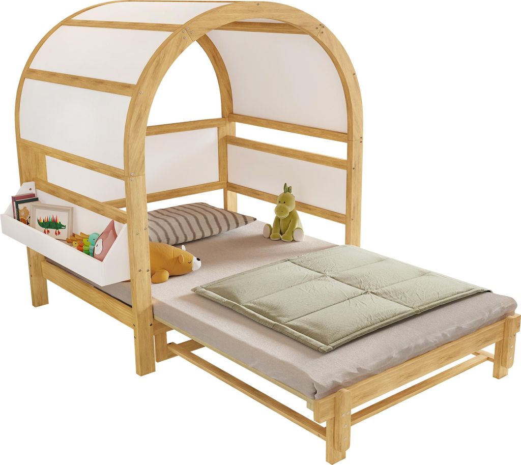 Erweiterbares Gewölbtes Dachbett, Schiebebett, Kinderbett, Tagesbett, Kleine seitliche Ablagefläche, Kiefer+MDF, Weiß+Natur, 140x200cm