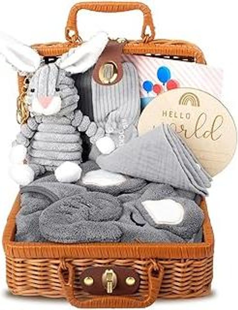 Neugeborenen Geschenk, Baby Geschenke zur Geburt, 7 in 1 Baby Geschenkset Geburt mit Babydecken,Socken, Geschenkboxen Körbe, Baby Dreieckstuch, Pl...